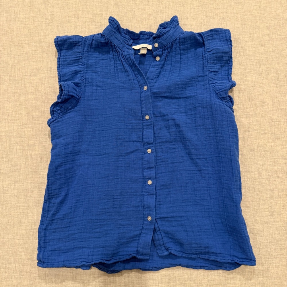 HM Blue Double Gauze Ruffle Sleeve Button Down Blouse Top Womens Small Cobalt